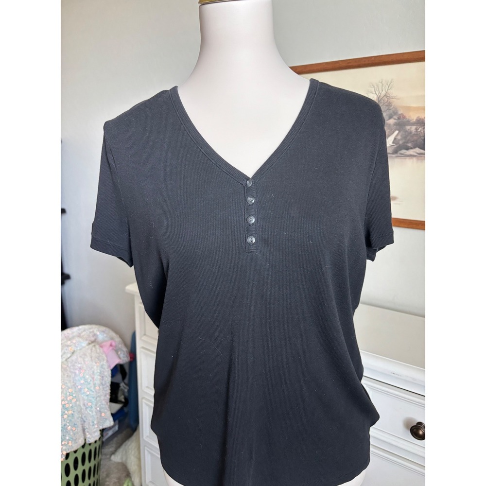 Gap Henley Ribbed Shirt Black Short Sleeve V-Neck Button Top XL Casual Basics